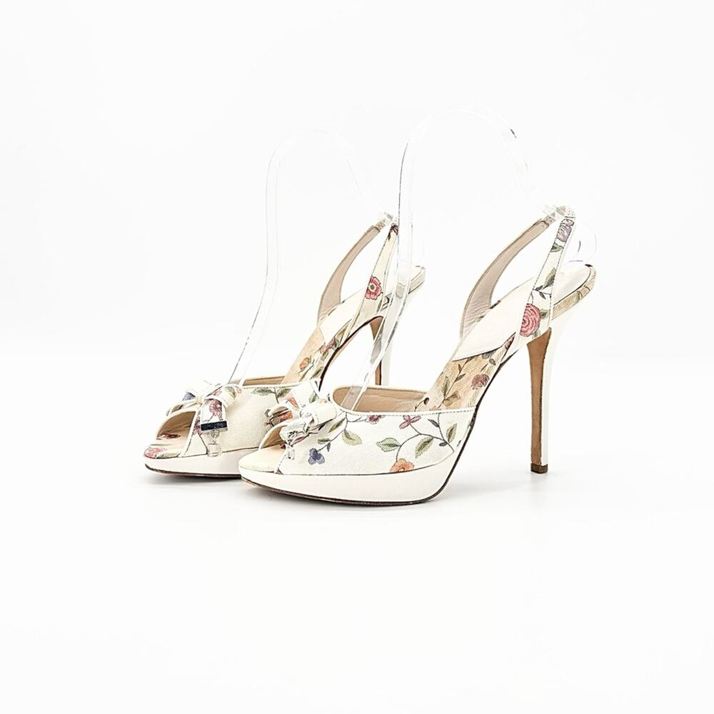 Dior CD Charm Bow Floral Print Canvas Slingback High Heel Peep Toe Sandals 38